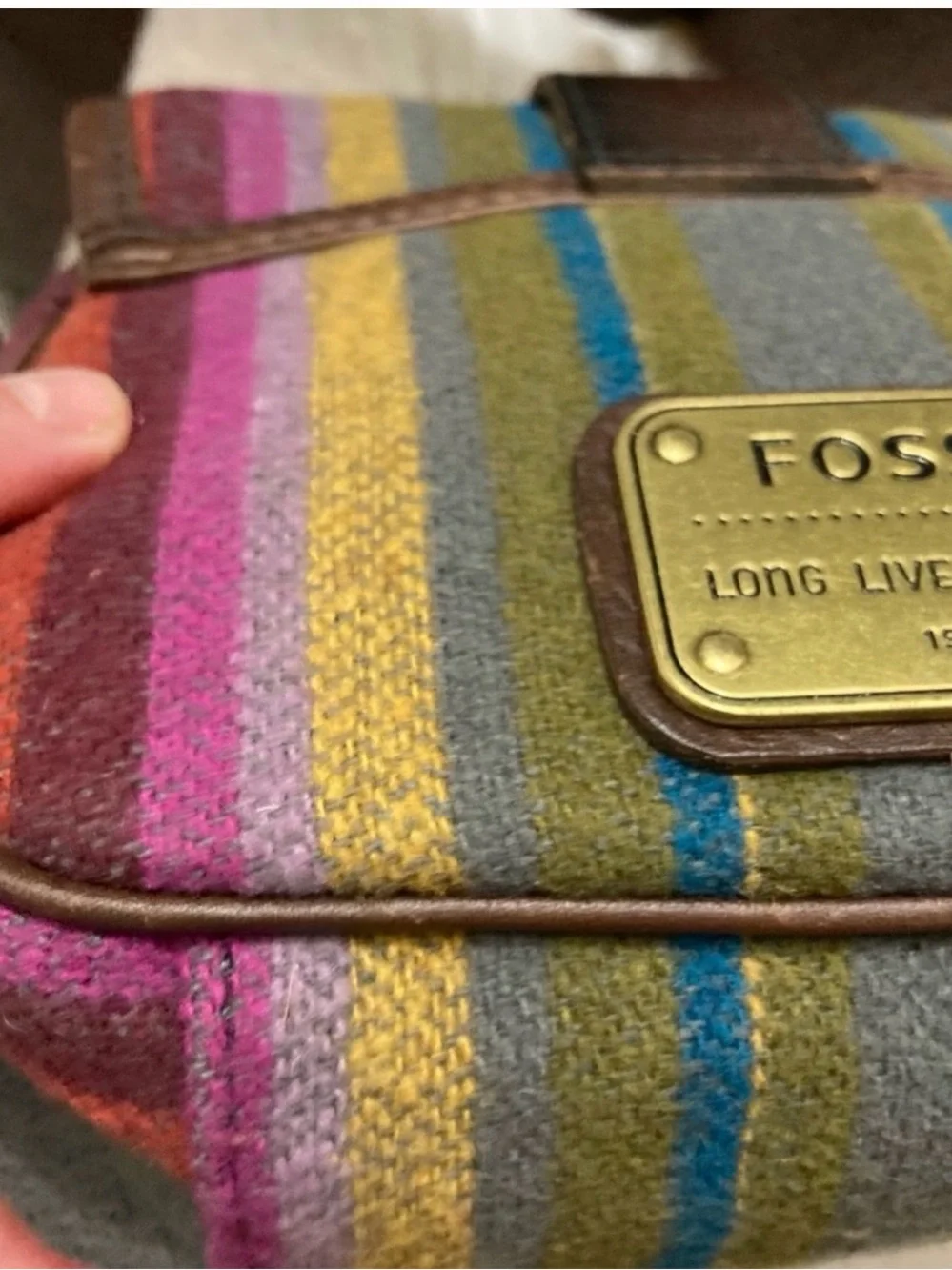 Fossil Brown Leather & Multicolor Striped Crossbody